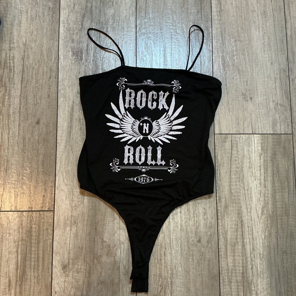 Rock‎ N Roll Bodysuit 1976 Graphic Bodysuit - 205 Collings Black Spaghetti Strap